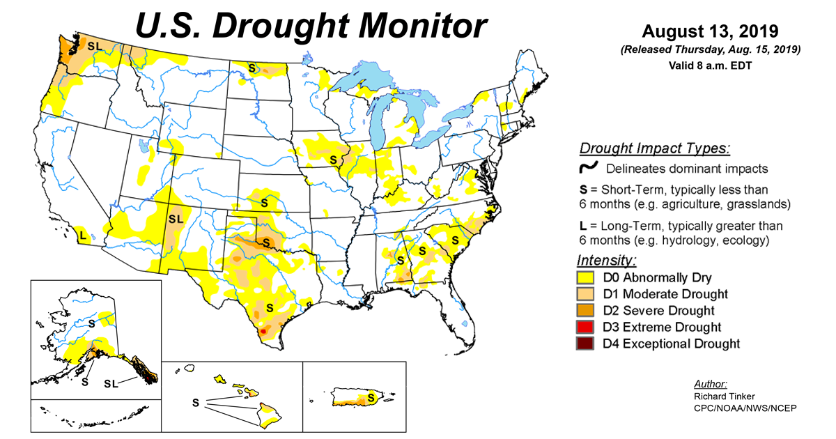 Map of U.S. drought conditions for August 13, 2019 Map of U.S. drought conditions for August 13, 2019