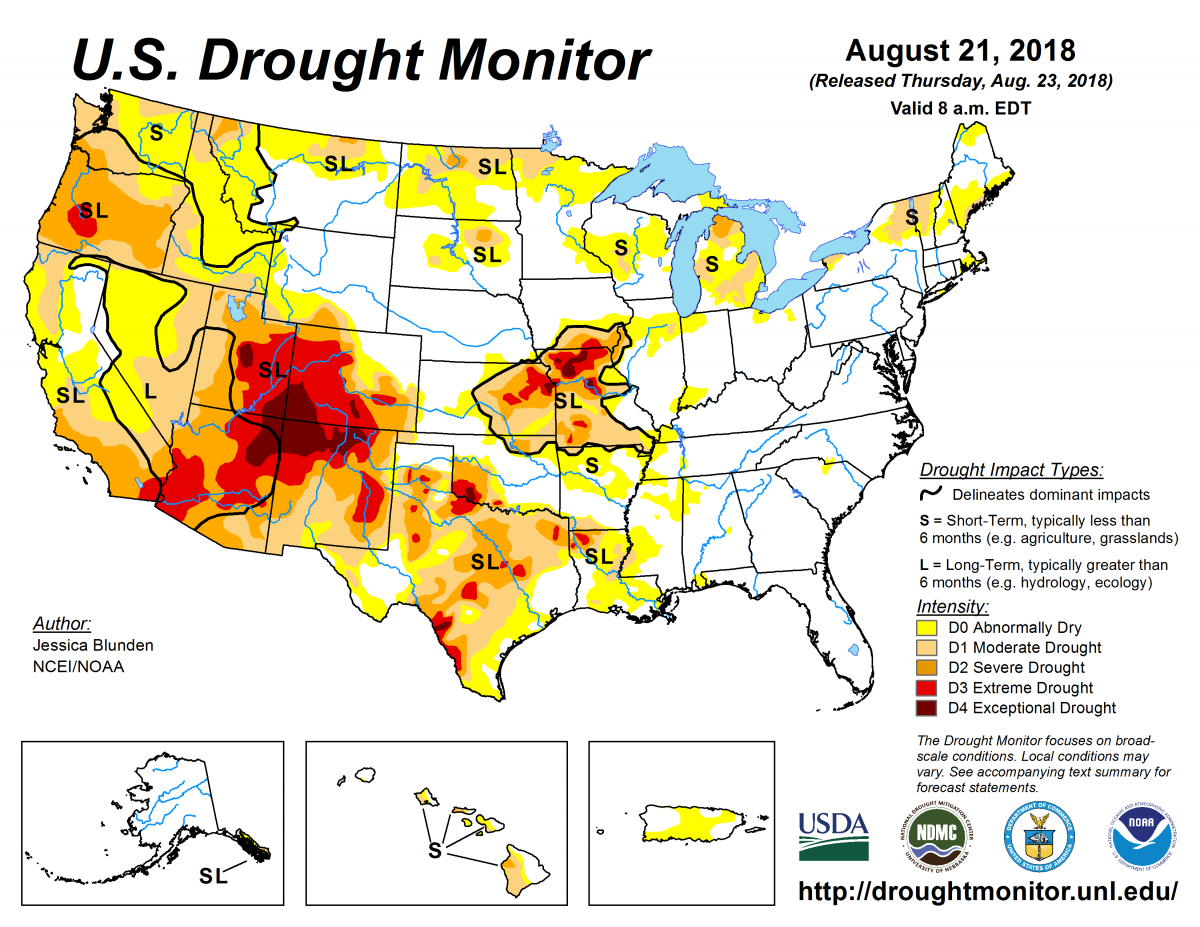 Map of U.S. drought conditions for August 21, 2018 Map of U.S. drought conditions for August 21, 2018