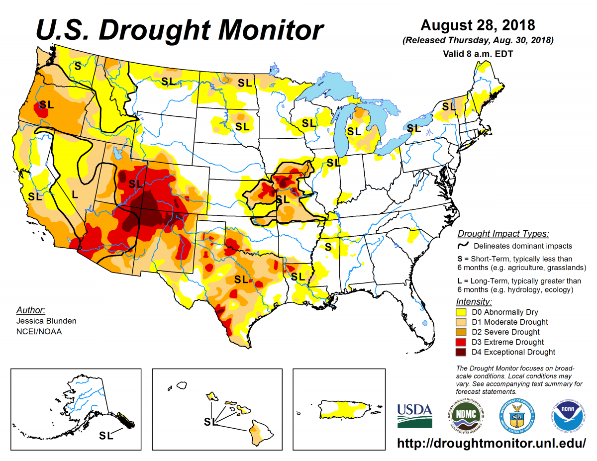 Map of U.S. drought conditions for August 28, 2018 Map of U.S. drought conditions for August 28, 2018