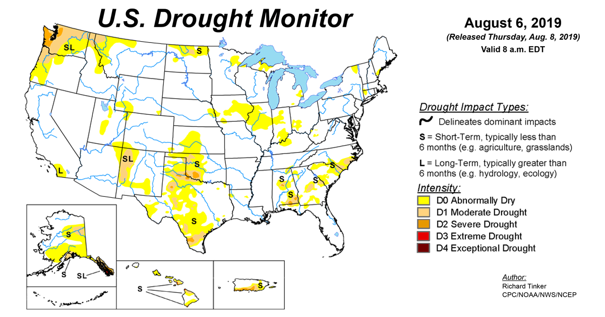 Map of U.S. drought conditions for August 6, 2019 Map of U.S. drought conditions for August 6, 2019