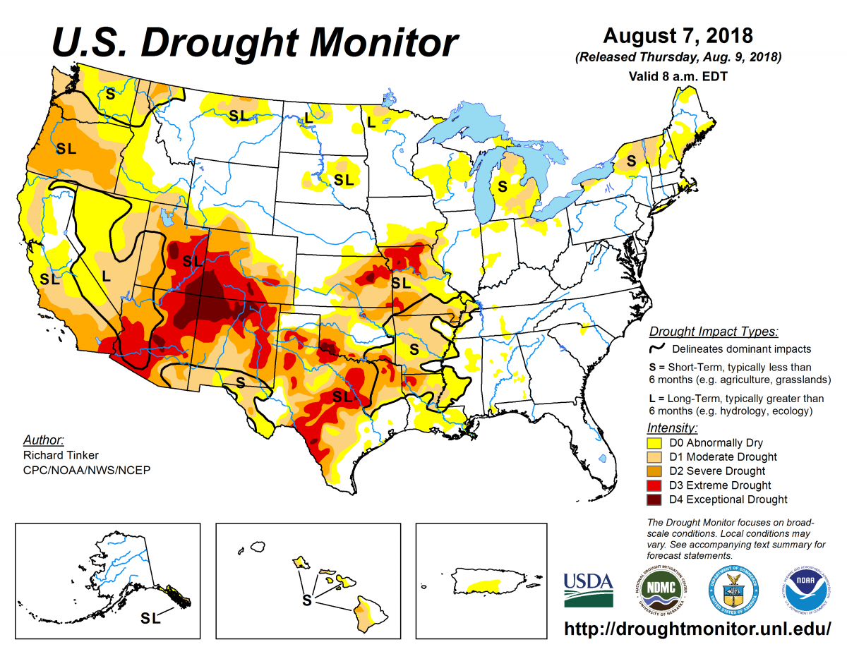 Map of U.S. drought conditions for August 7, 2018 Map of U.S. drought conditions for August 7, 2018