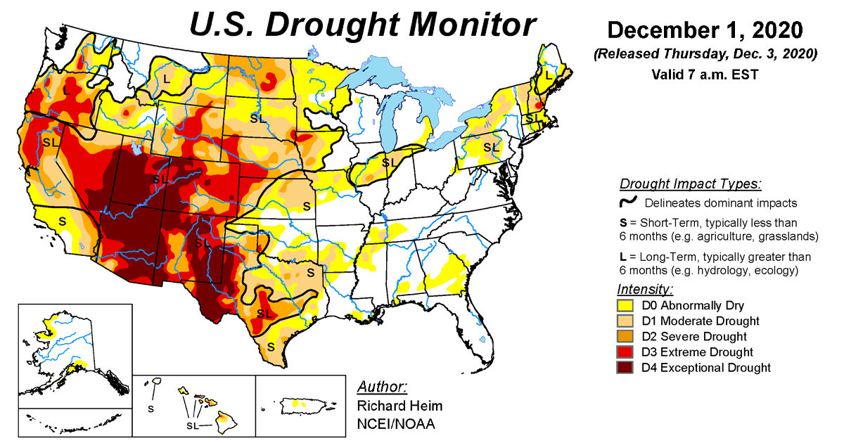 Map of U.S. drought conditions for December 1, 2020 Map of U.S. drought conditions for December 1, 2020