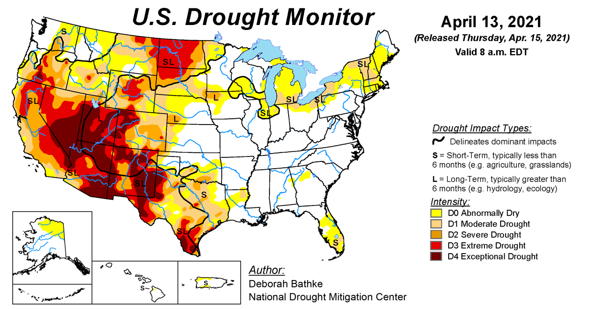 Map of U.S. drought conditions for April 13, 2021 Map of U.S. drought conditions for April 13, 2021