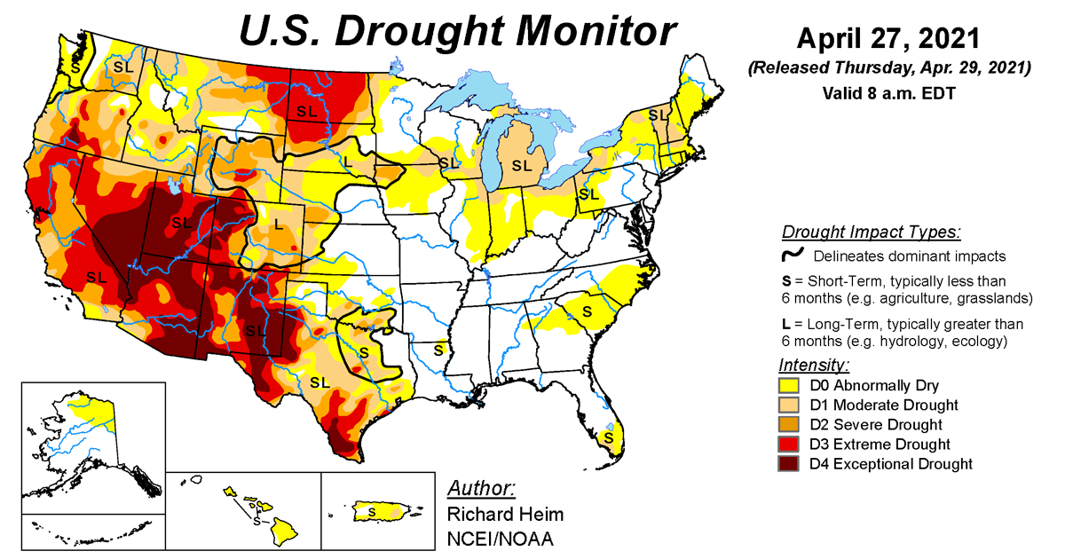 Map of U.S. drought conditions for April 27, 2021 Map of U.S. drought conditions for April 27, 2021