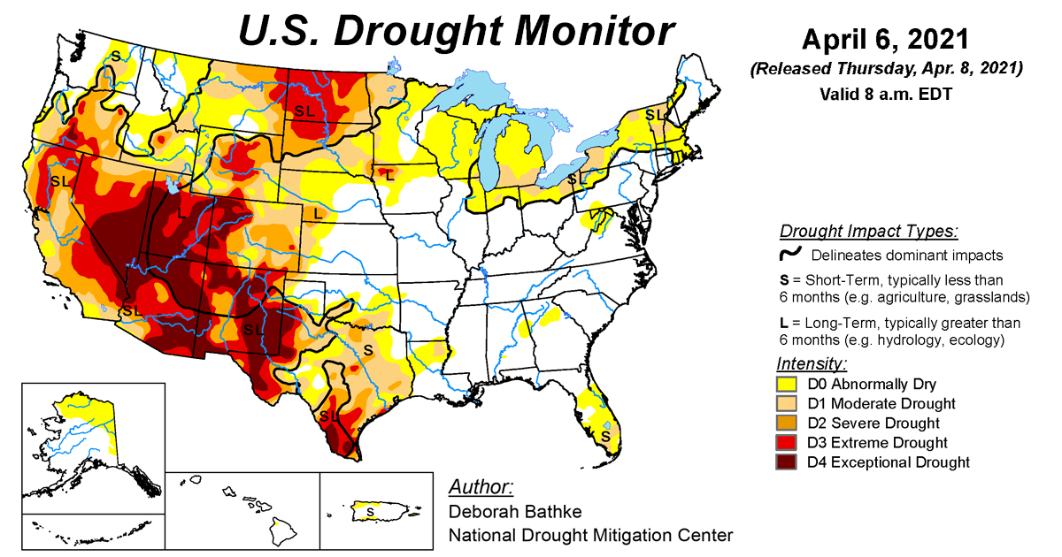 Map of U.S. drought conditions for April 6, 2021 Map of U.S. drought conditions for April 6, 2021