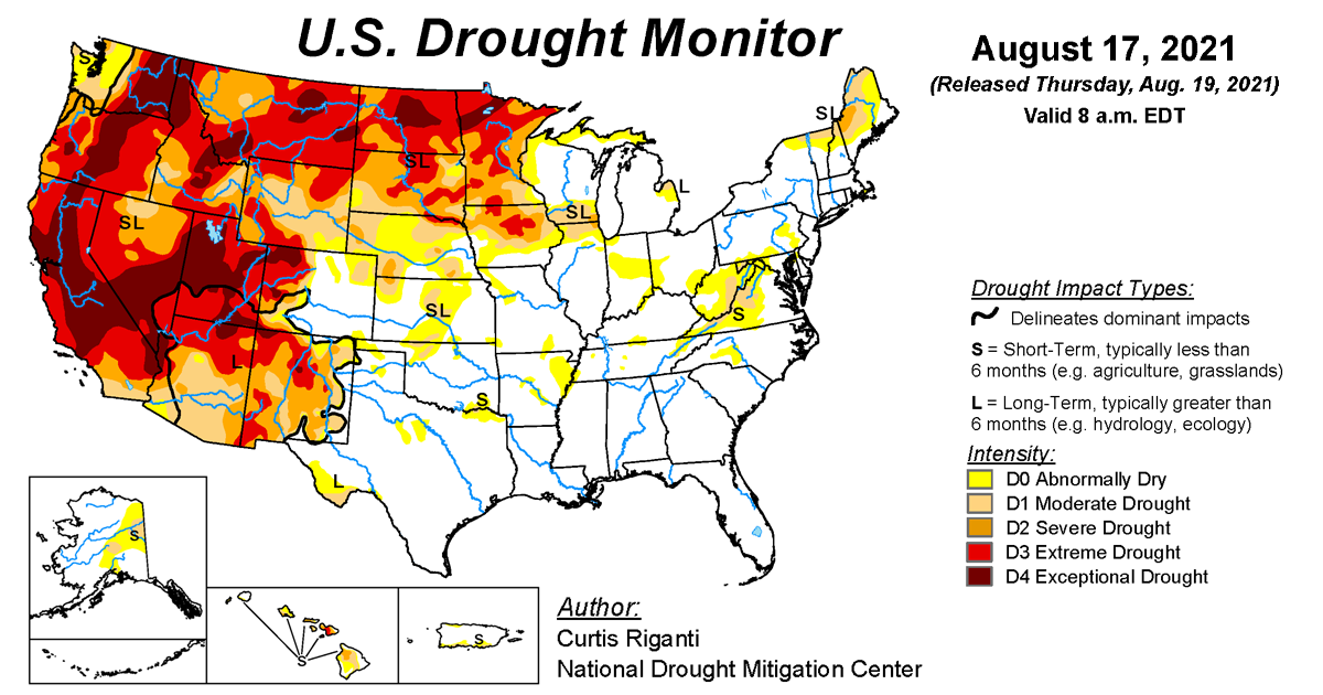 Map of U.S. drought conditions for August 17, 2021 Map of U.S. drought conditions for August 17, 2021