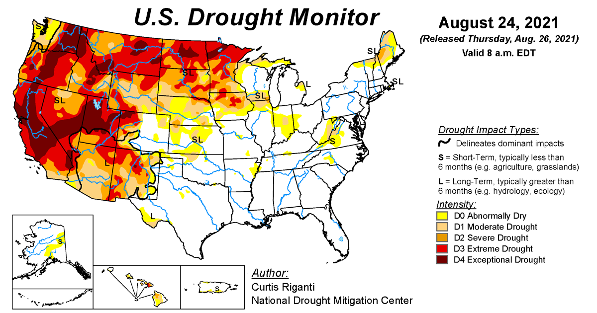 Map of U.S. drought conditions for August 24, 2021 Map of U.S. drought conditions for August 24, 2021