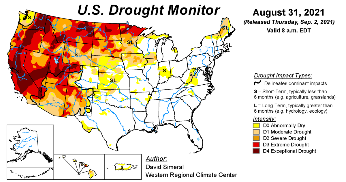 Map of U.S. drought conditions for August 31, 2021 Map of U.S. drought conditions for August 31, 2021