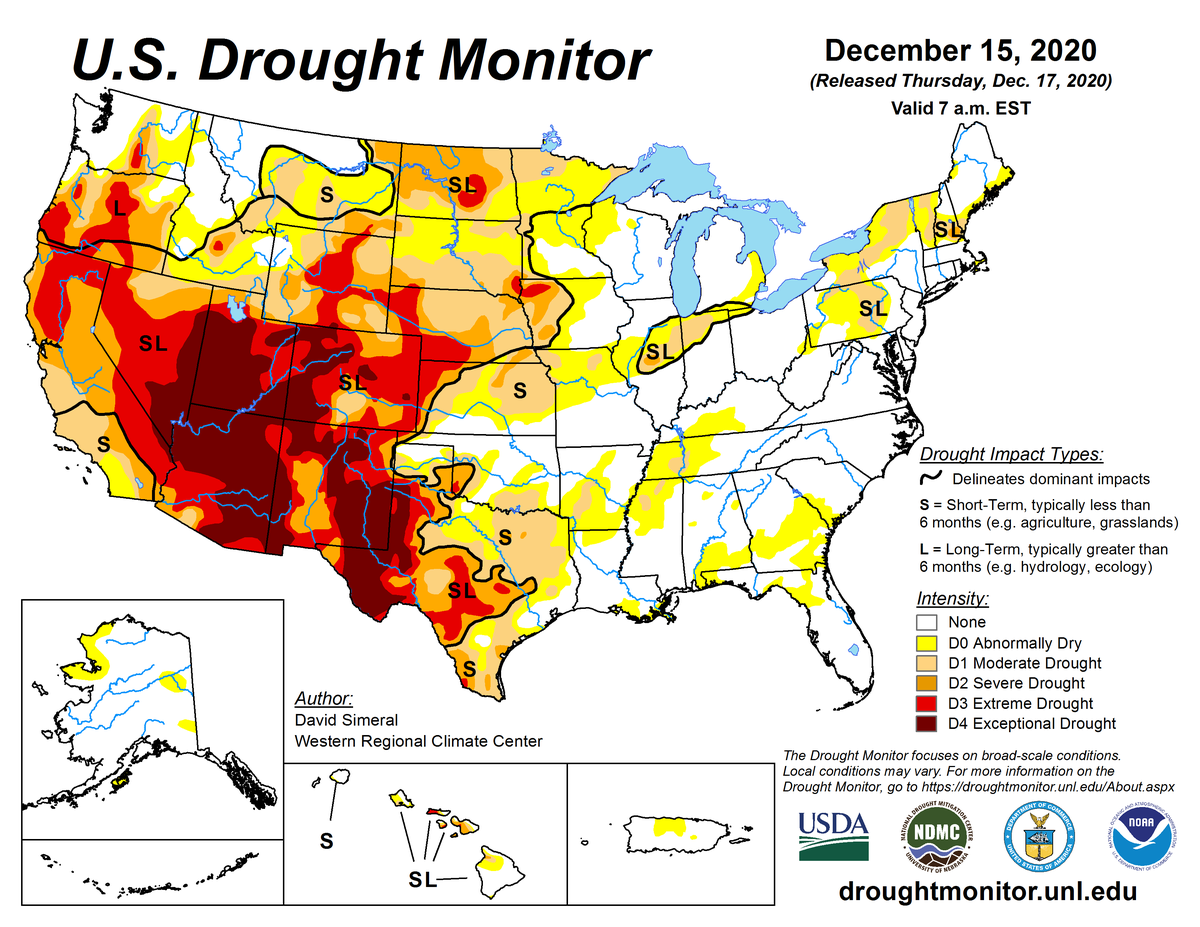 Map of U.S. drought conditions for December 15, 2020