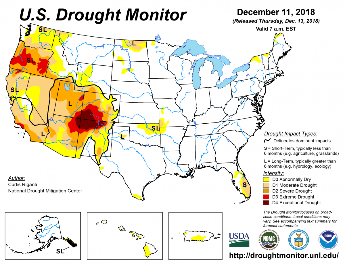 Map of U.S. drought conditions for December 11, 2018 Map of U.S. drought conditions for December 11, 2018
