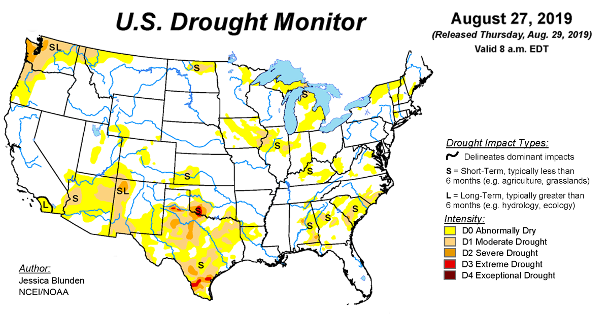 Map of U.S. drought conditions for August 27, 2019 Map of U.S. drought conditions for August 27, 2019