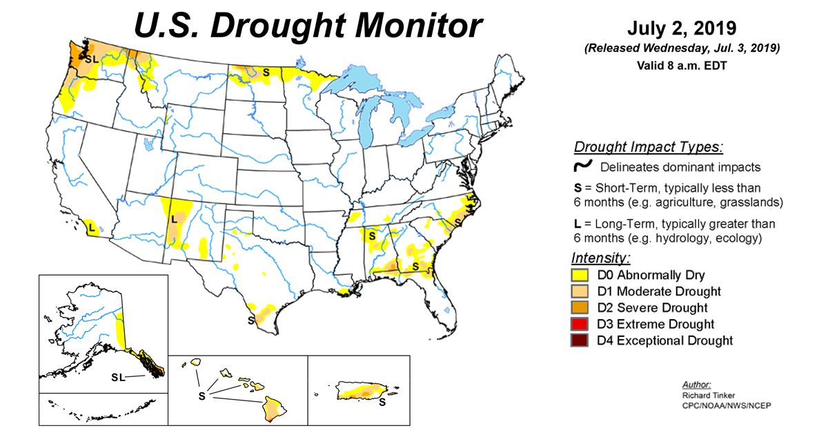 Map of U.S. drought conditions for July 2, 2019 Map of U.S. drought conditions for July 2, 2019