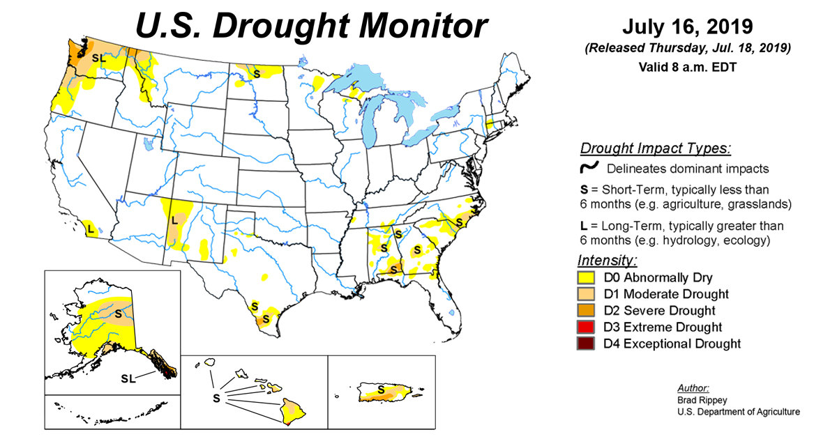 Map of U.S. drought conditions for July 16, 2019 Map of U.S. drought conditions for July 16, 2019