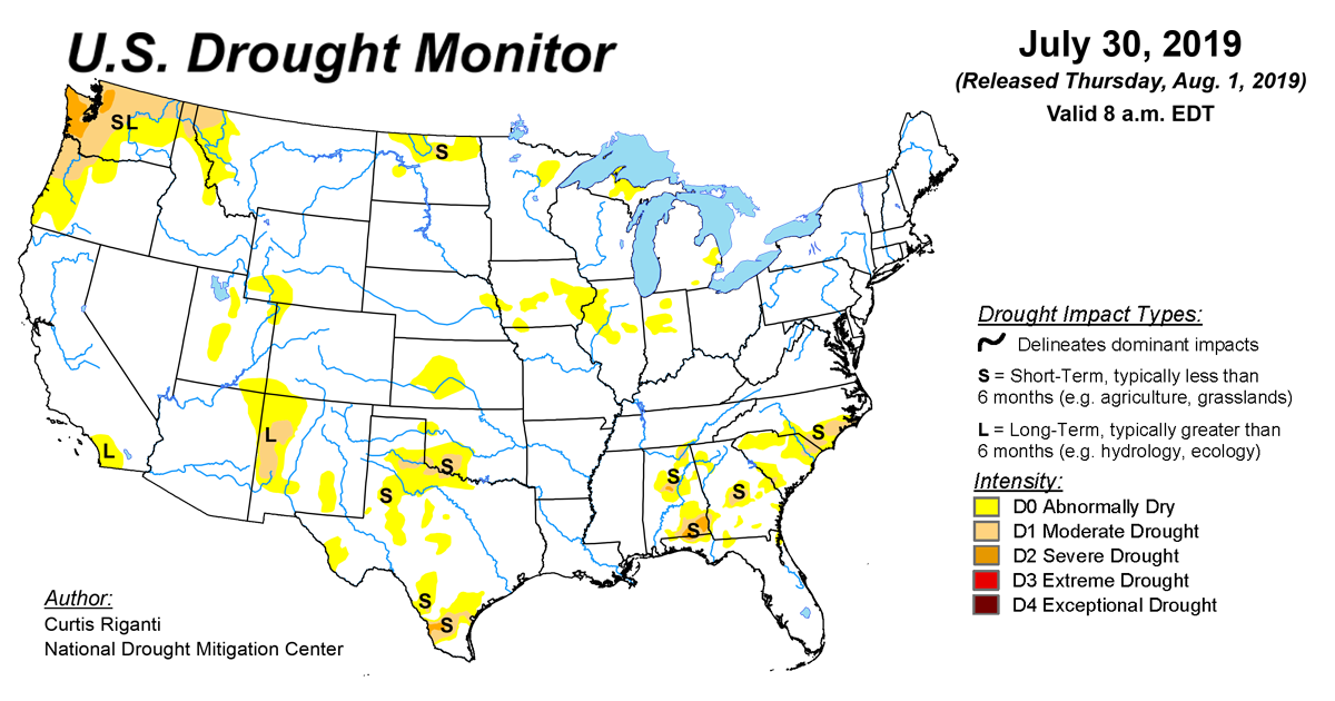 Map of U.S. drought conditions for July 30, 2019 Map of U.S. drought conditions for July 30, 2019