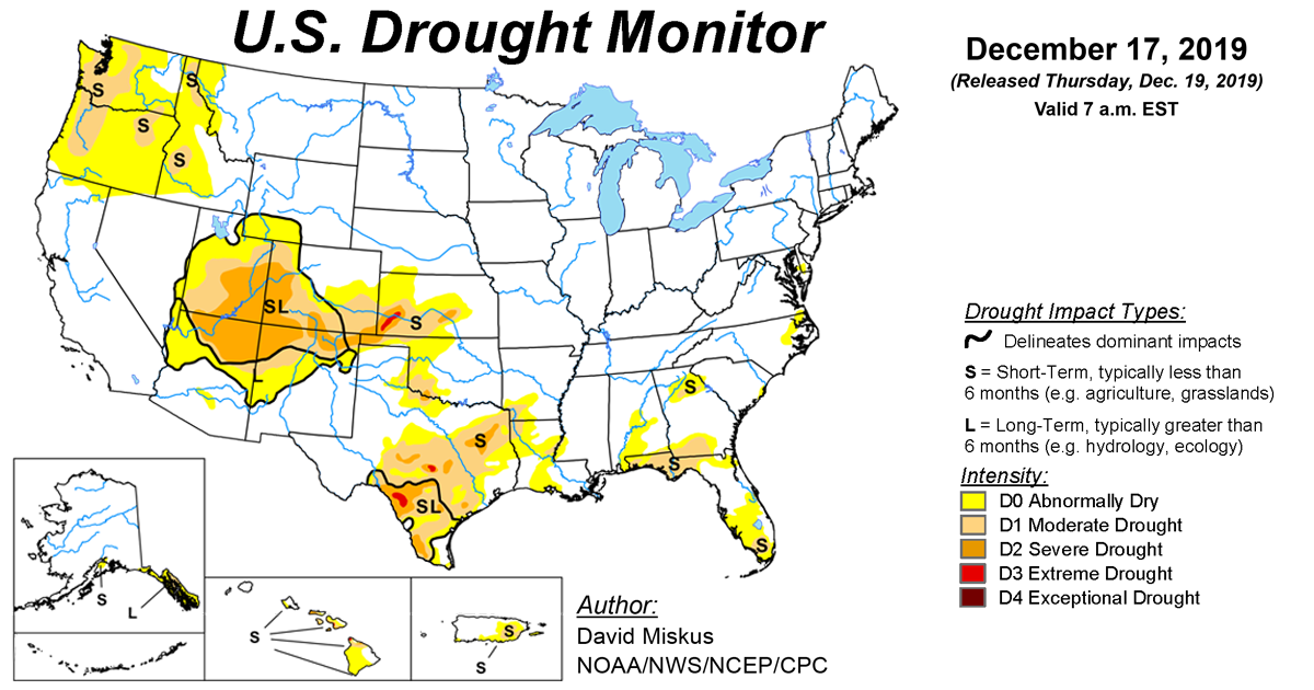 Map of U.S. drought conditions for December 17, 2019 Map of U.S. drought conditions for December 17, 2019