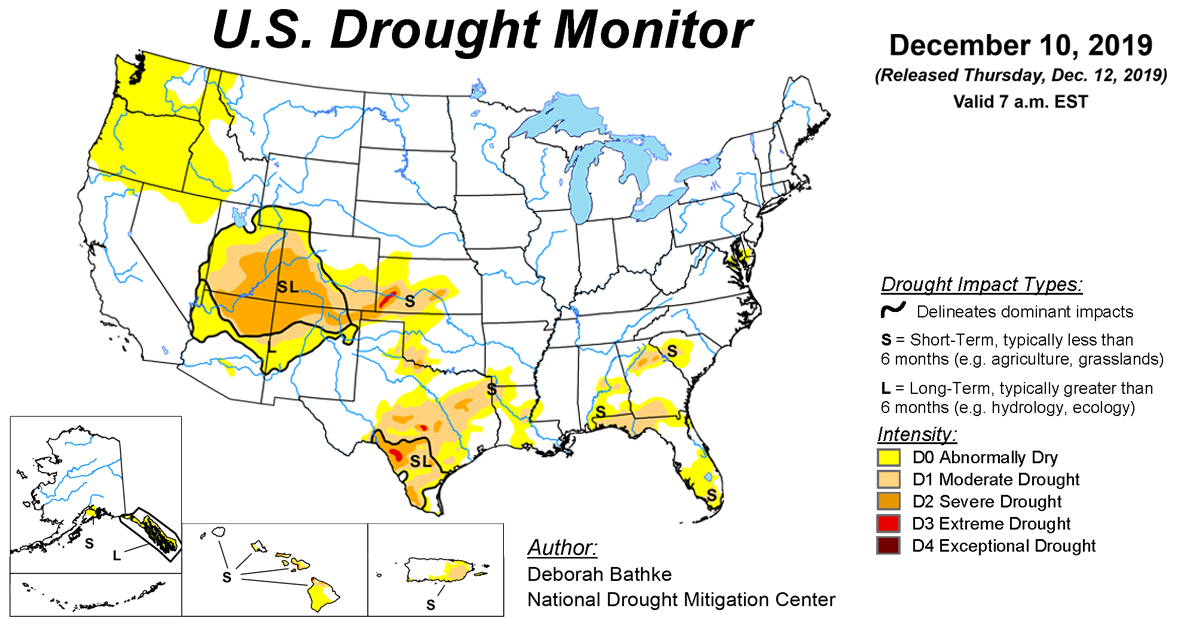 Map of U.S. drought conditions for December 10, 2019 Map of U.S. drought conditions for December 10, 2019