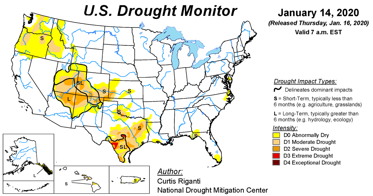 Map of U.S. drought conditions for January 14, 2020 Map of U.S. drought conditions for January 14, 2020