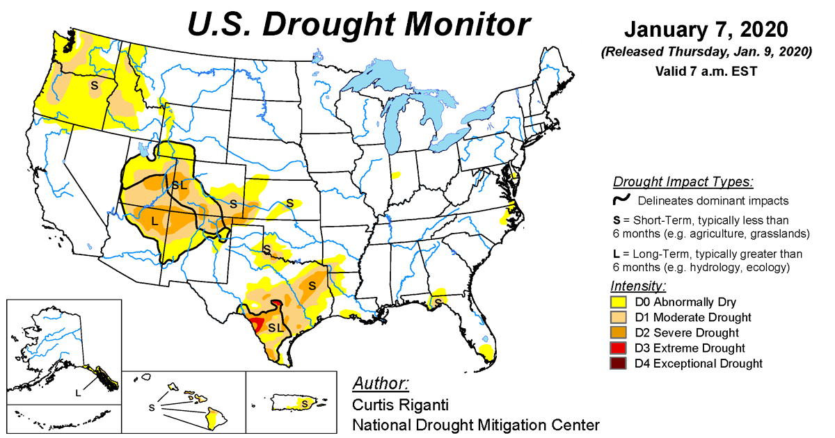 Map of U.S. drought conditions for January 7, 2020 Map of U.S. drought conditions for January 7, 2020