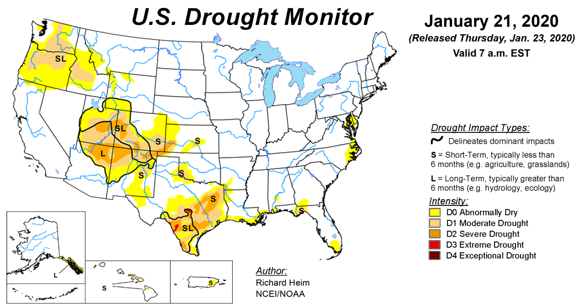 Map of U.S. drought conditions for January 21, 2020 Map of U.S. drought conditions for January 21, 2020