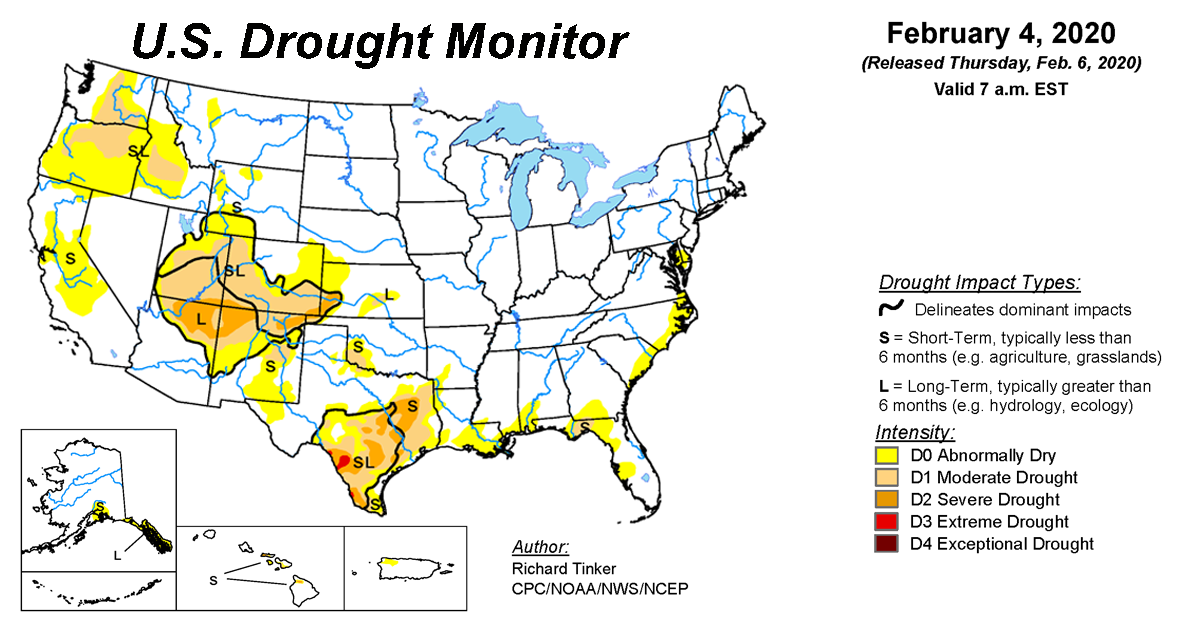 Map of U.S. drought conditions for February 4, 2020 Map of U.S. drought conditions for February 4, 2020