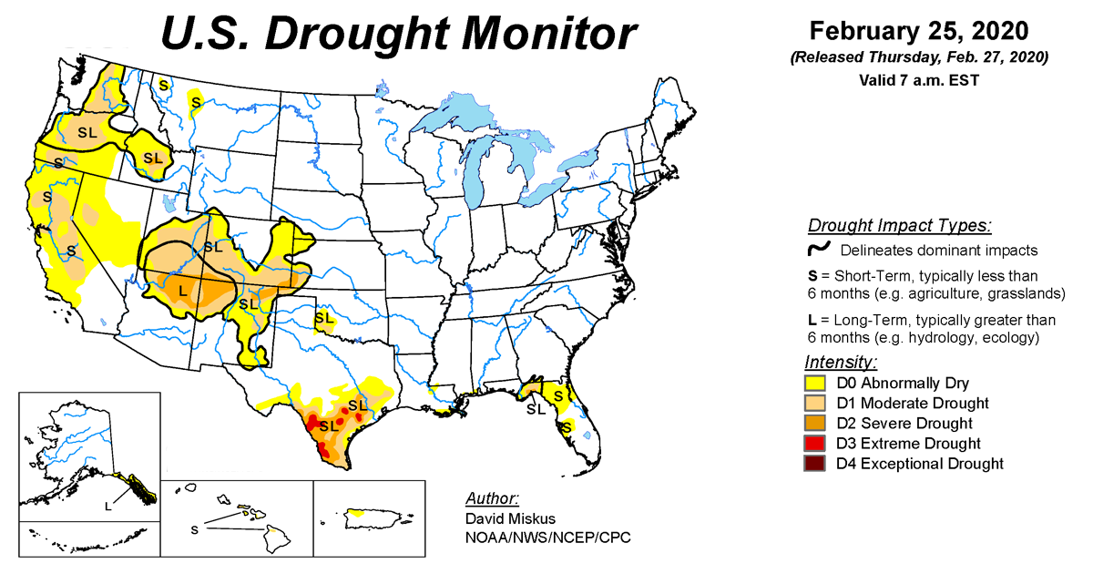 Map of U.S. drought conditions for February 25, 2020 Map of U.S. drought conditions for February 25, 2020