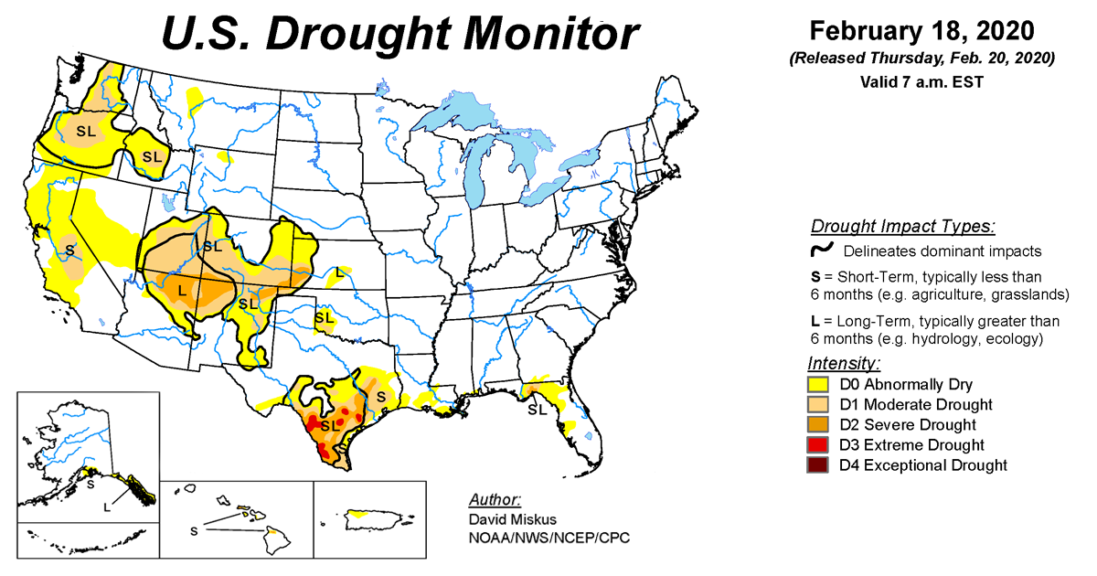 Map of U.S. drought conditions for February 18, 2020 Map of U.S. drought conditions for February 18, 2020