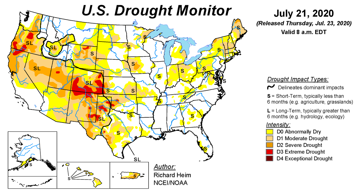 Map of U.S. drought conditions for July 21, 2020 Map of U.S. drought conditions for July 21, 2020
