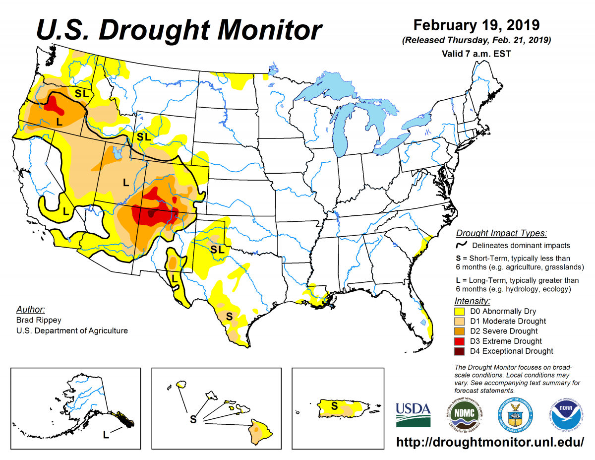 Map of U.S. drought conditions for February 19, 2019 Map of U.S. drought conditions for February 19, 2019