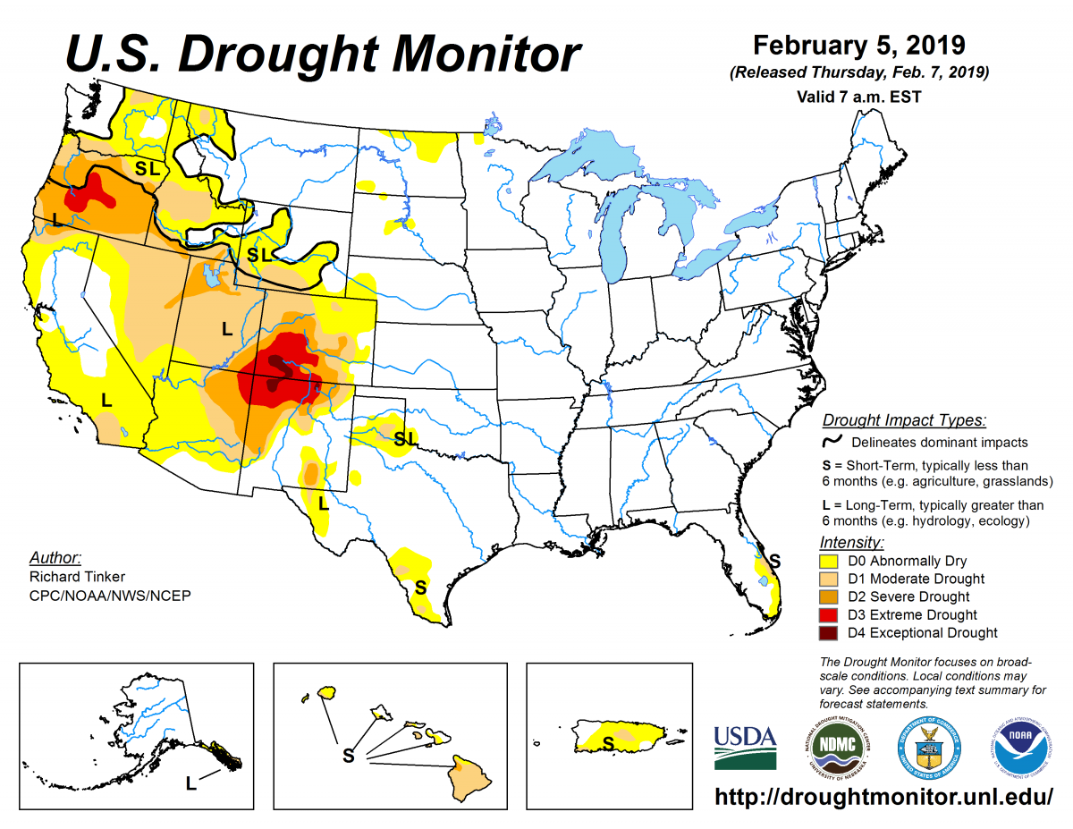 Map of U.S. drought conditions for February 7, 2019 Map of U.S. drought conditions for February 7, 2019