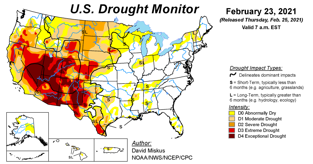 Map of U.S. drought conditions for February 23, 2021 Map of U.S. drought conditions for February 23, 2021