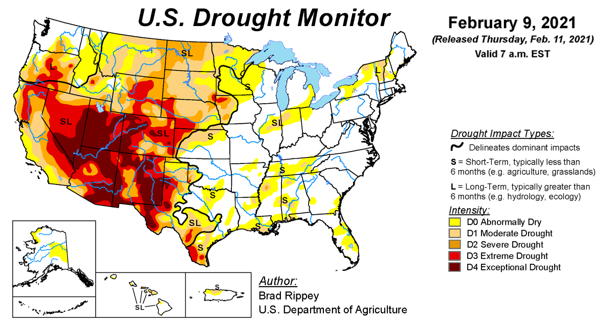 Map of U.S. drought conditions for February 9, 2021 Map of U.S. drought conditions for February 9, 2021