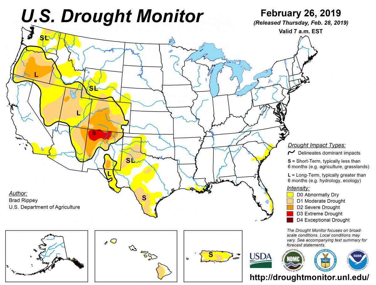 Map of U.S. Drought Conditions for February 26, 2019 Map of U.S. Drought Conditions for February 26, 2019