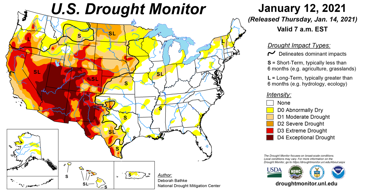 Map of U.S. drought conditions for January 12, 2021 Map of U.S. drought conditions for January 12, 2021