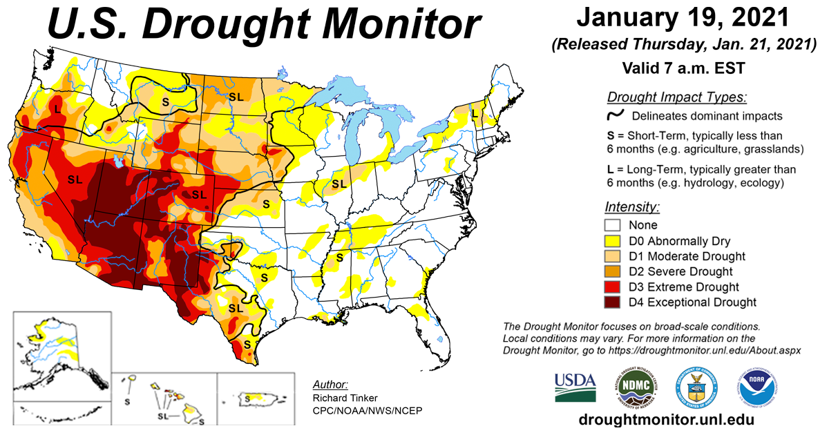 Map of U.S. drought conditions for January 19, 2021 Map of U.S. drought conditions for January 19, 2021