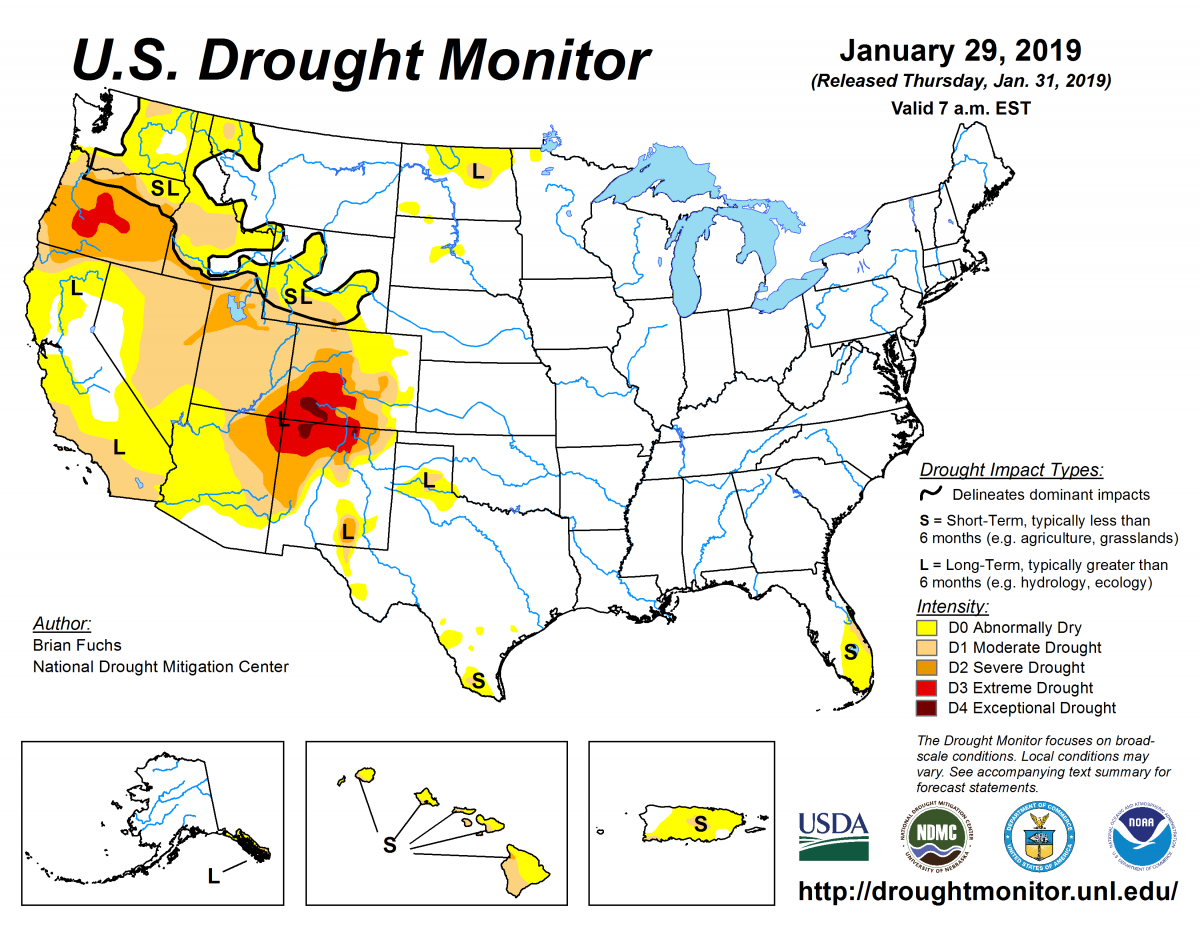 Map of U.S. drought conditions for January 29, 2019 Map of U.S. drought conditions for January 29, 2019