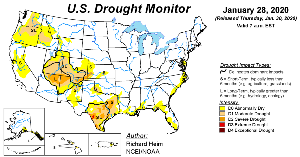 Map of U.S. drought conditions for January 28, 2020 Map of U.S. drought conditions for January 28, 2020