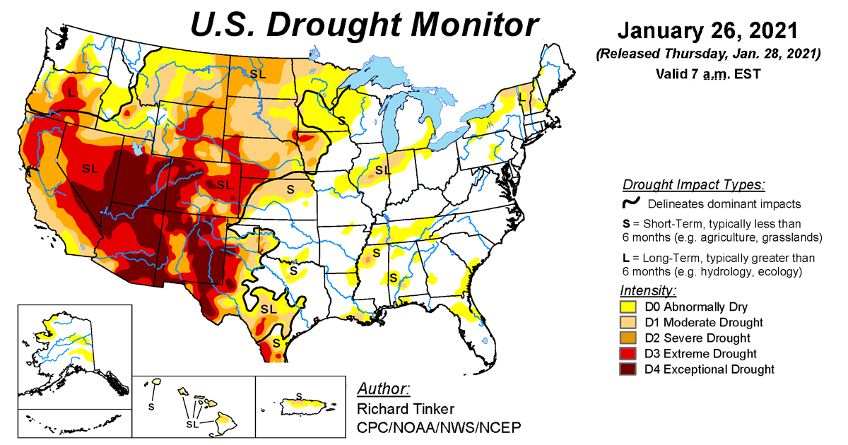 Map of U.S. drought conditions for January 26, 2021 Map of U.S. drought conditions for January 26, 2021