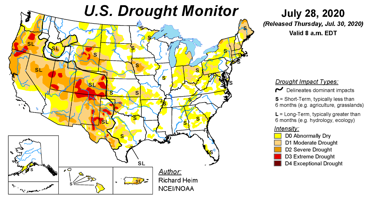 Map of U.S. drought conditions for July 28, 2020 Map of U.S. drought conditions for July 28, 2020