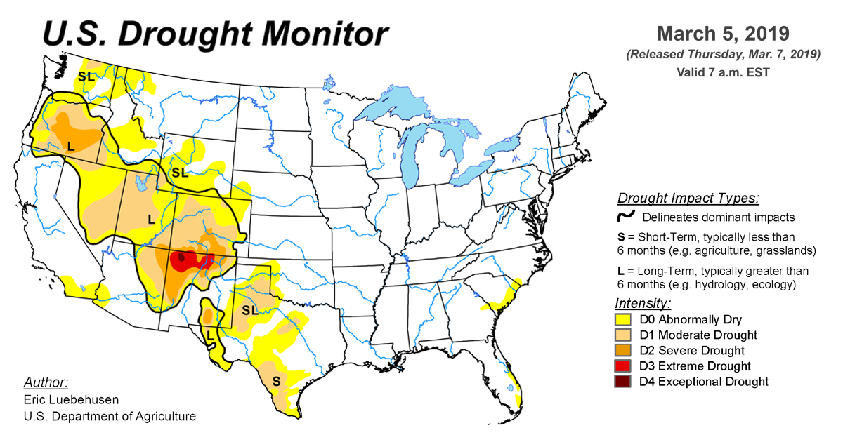 Map of U.S. drought conditions for March 5, 2019 Map of U.S. drought conditions for March 5, 2019