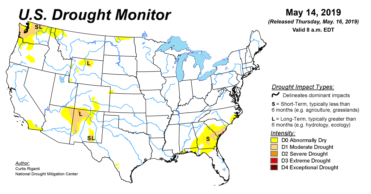 Map of U.S. drought conditions for May 14, 2019 Map of U.S. drought conditions for May 14, 2019
