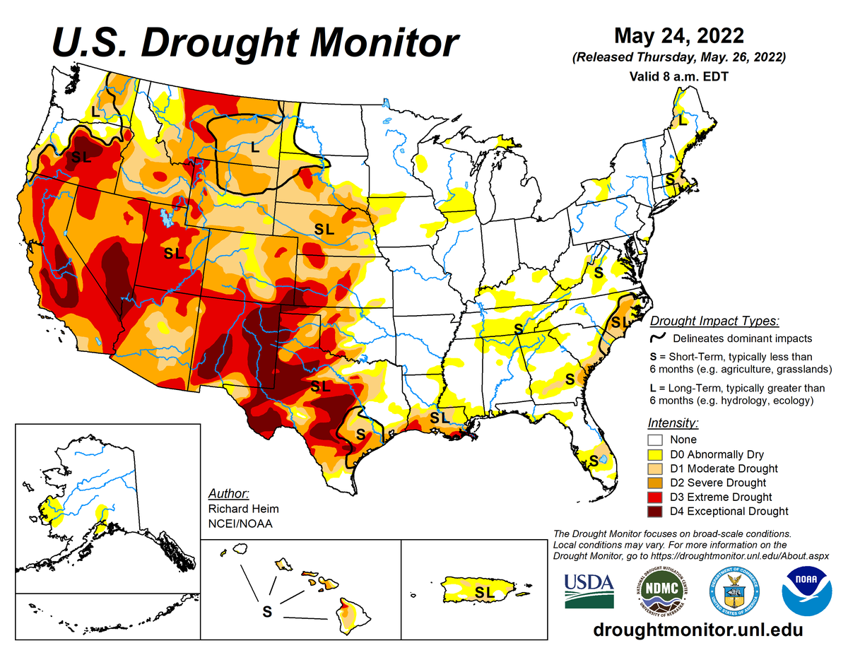 Map of U.S. drought conditions for week ending May 24, 2022 Map of U.S. drought conditions for week ending May 24, 2022