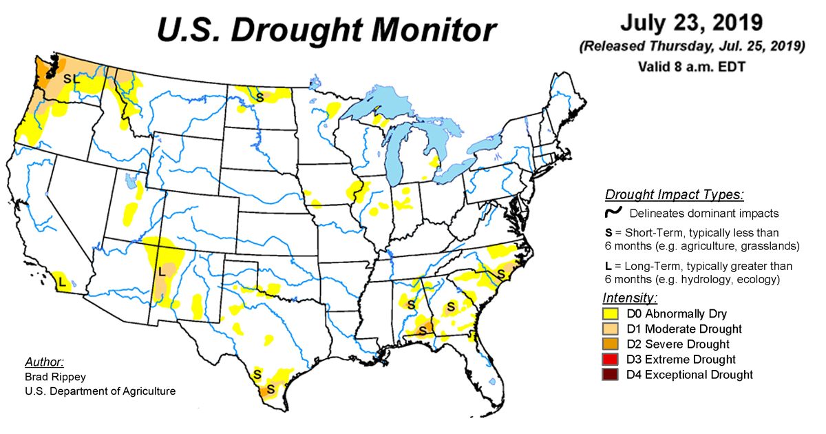 Map of U.S. drought conditions for July 23, 2019 Map of U.S. Drought Conditions for July 23, 2019