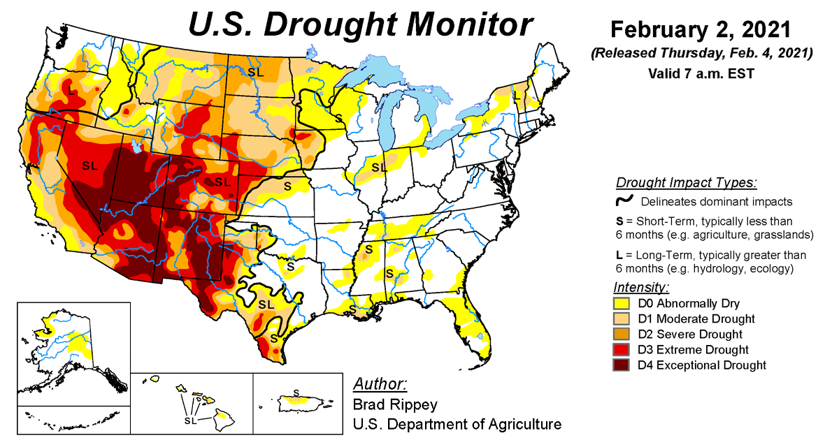 Map of U.S. drought conditions for February 2, 2021 Map of U.S. drought conditions for February 2, 2021