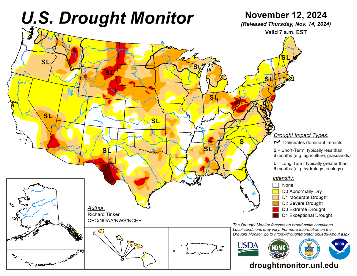 U.S. Drought Monitor national map for November 12, 2024. U.S. Drought Monitor national map for November 12, 2024.