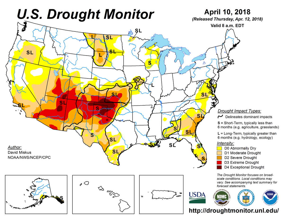 Map of U.S. drought conditions for April 10, 2018 Map of U.S. drought conditions for April 10, 2018