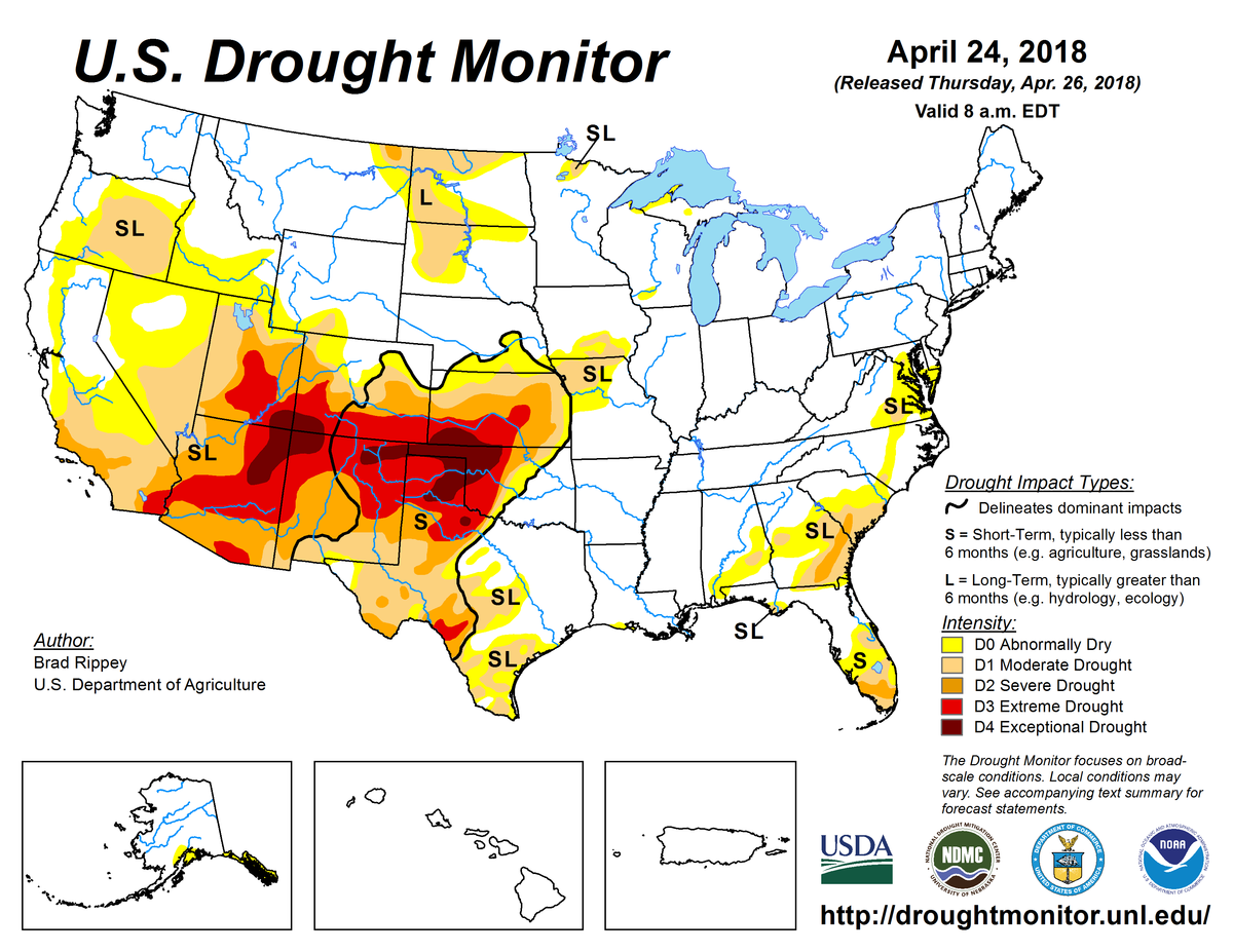 Map of U.S. drought conditions for April 24, 2018 Map of U.S. drought conditions for April 24, 2018