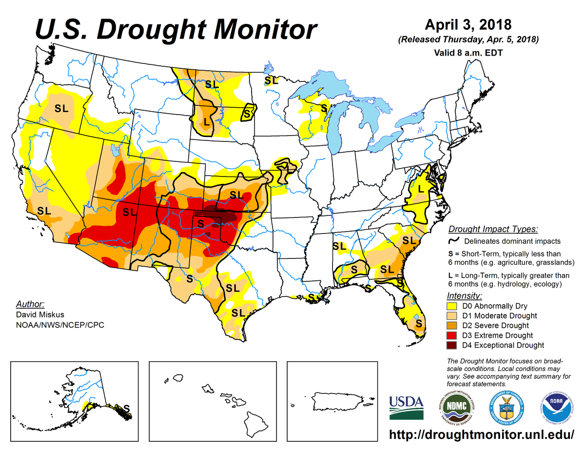 Map of U.S. drought conditions for April 3, 2018 Map of U.S. drought conditions for April 3, 2018