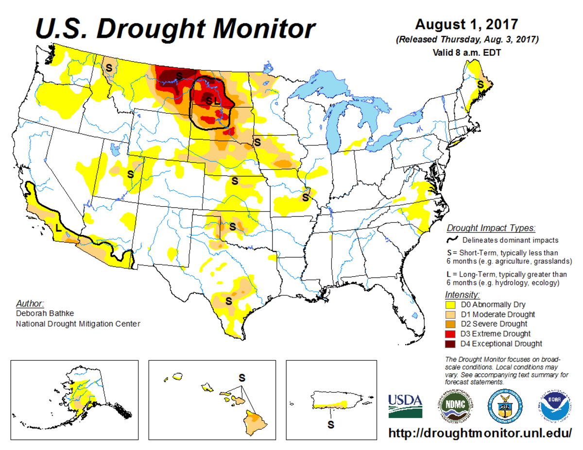 Map of U.S. drought conditions for August 1, 2017 Map of U.S. drought conditions for August 1, 2017