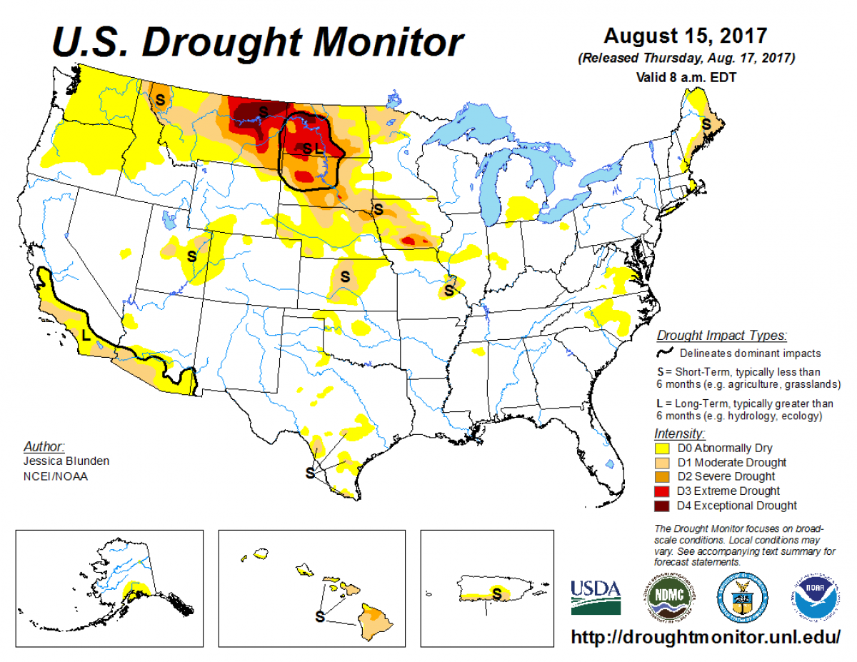 Map of U.S. drought conditions for August 15, 2017 Map of U.S. drought conditions for August 15, 2017