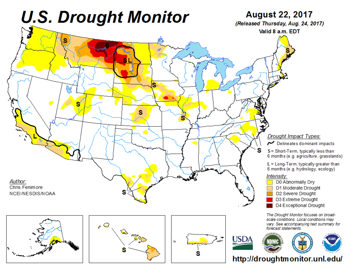 Map of U.S. drought conditions for August 22, 2017 Map of U.S. drought conditions for August 22, 2017